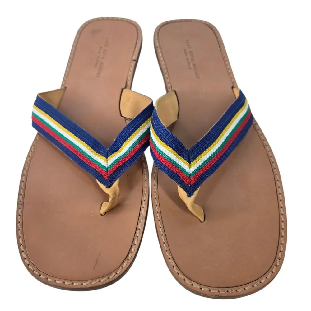 Saks Fifth Avenue Leather Flip Flops Striped Ribbon Thong Sandals 11M Spain - Picture 7 of 7